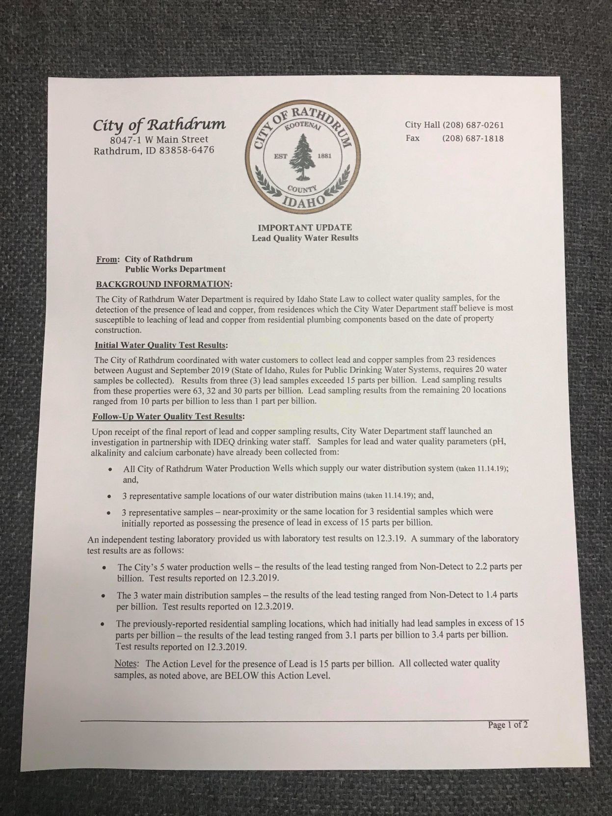 Letter from City of Rathdrum addressing lead in water